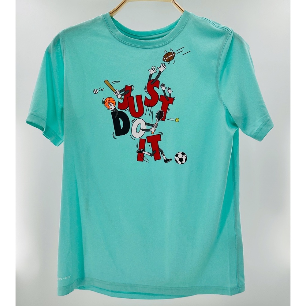 Nike Dri Fit Boys Aqua Blue Graphic Design Tee - Picture 1 of 9